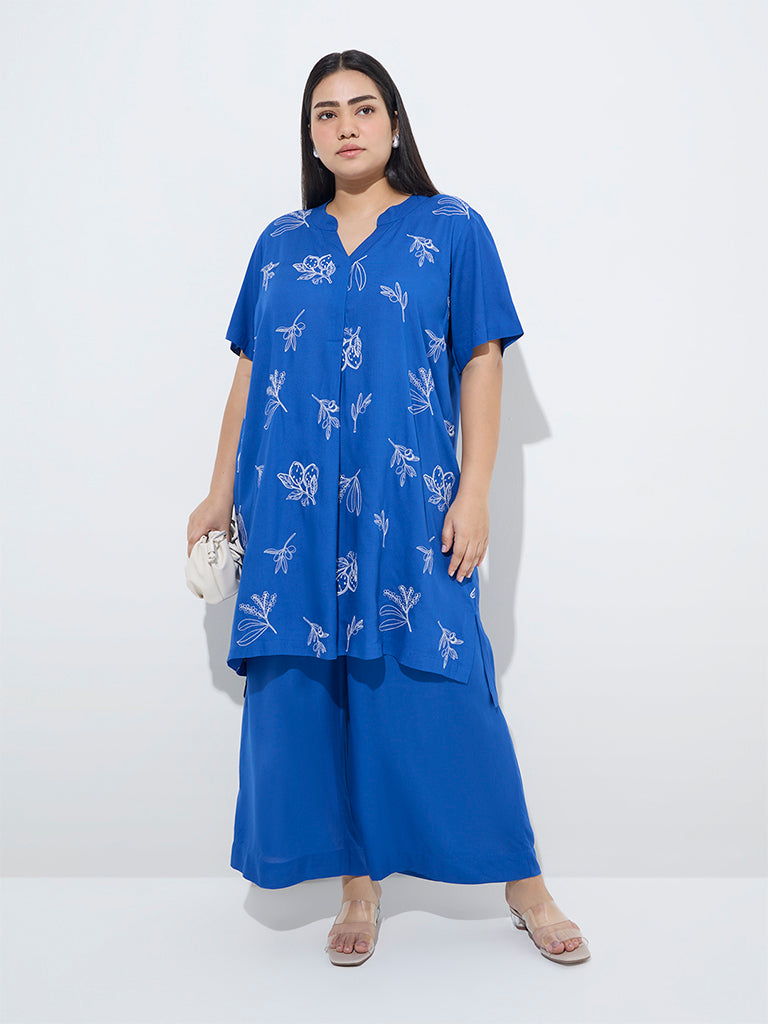 Diza Blue Botanical Embroidered High-Low Kurta