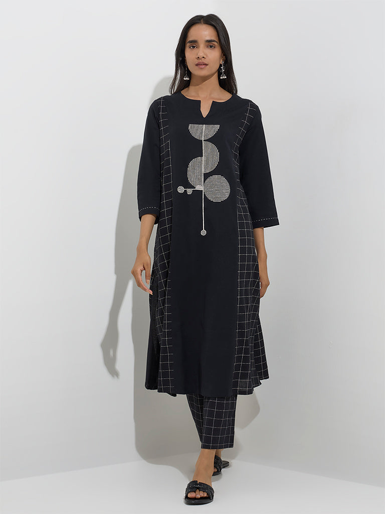 Utsa Black Checks Design A-Line Cotton-Blend Kurta