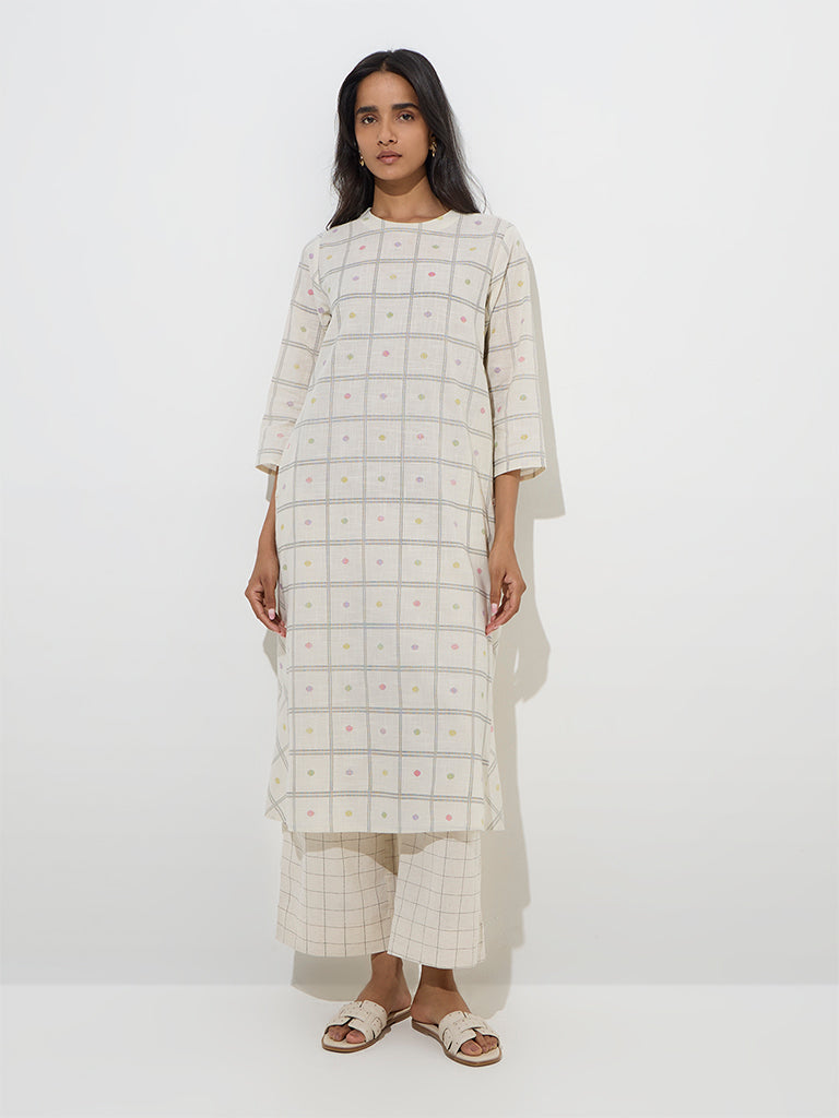Utsa Off-White Checks Printed A-Line Cotton Kurta