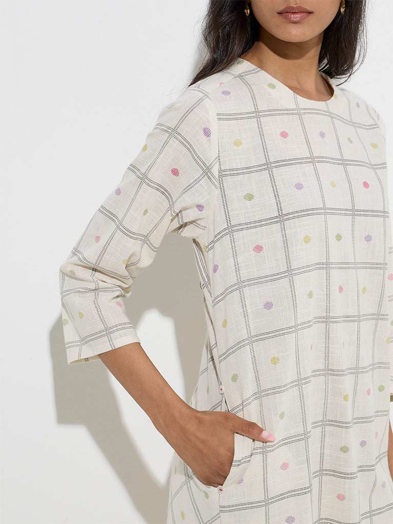 Utsa Off-White Checks Printed A-Line Cotton Kurta