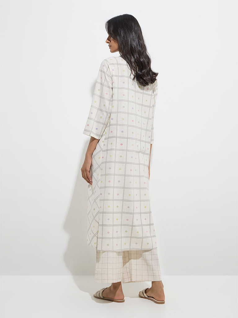 Utsa Off-White Checks Printed A-Line Cotton Kurta