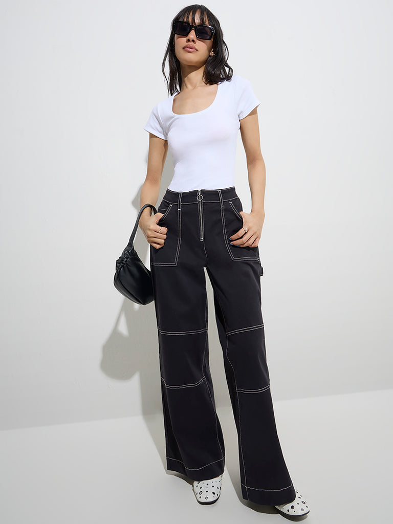 Nuon White Ribbed Cotton-Blend T-Shirt