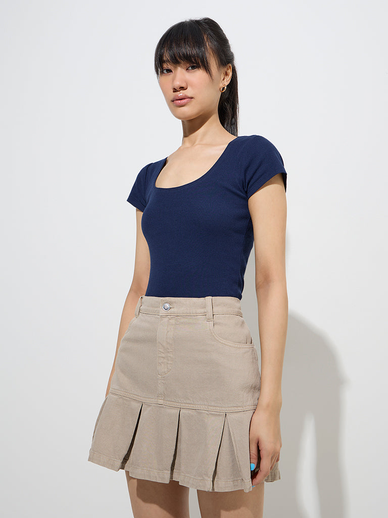 Nuon Navy Ribbed-Textured Cotton-Blend Top