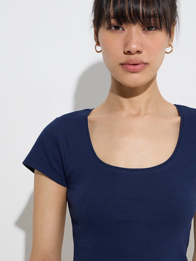 Nuon Navy Ribbed-Textured Cotton-Blend Top