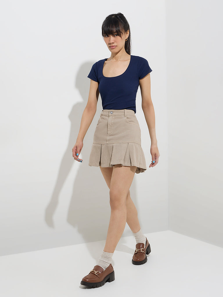 Nuon Navy Ribbed-Textured Cotton-Blend Top
