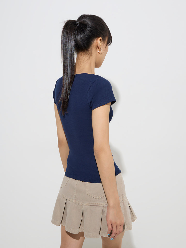 Nuon Navy Ribbed-Textured Cotton-Blend Top