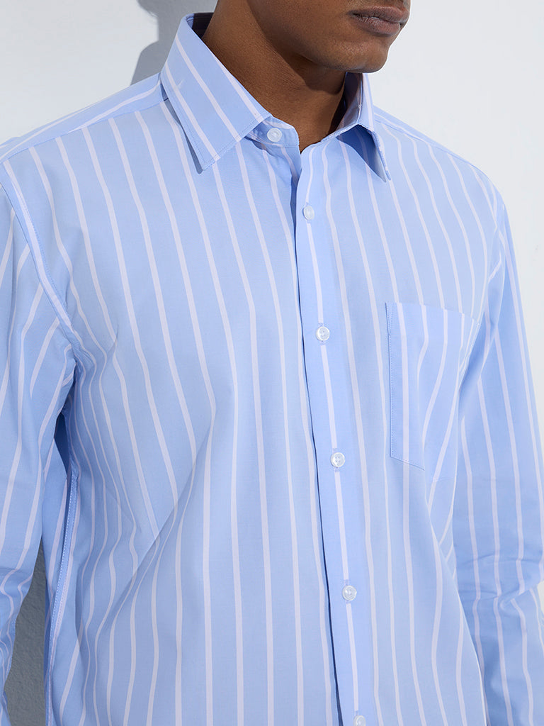 WES Formals Blue Stripe Printed Relaxed-Fit Cotton Shirt