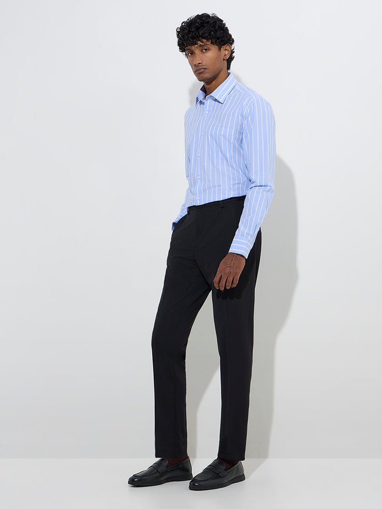 WES Formals Blue Stripe Printed Relaxed-Fit Cotton Shirt