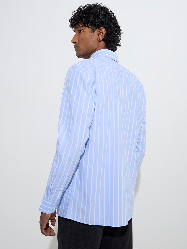 WES Formals Blue Stripe Printed Relaxed-Fit Cotton Shirt