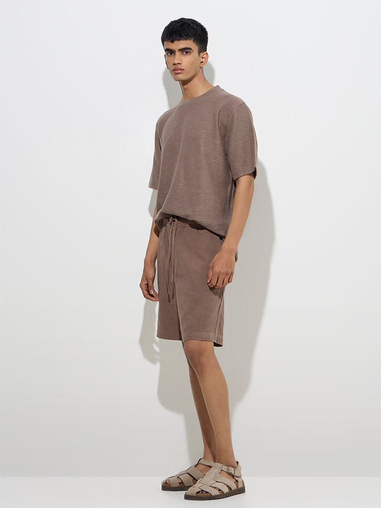 ETA Taupe Solid Relaxed-Fit Mid-Rise Cotton Shorts