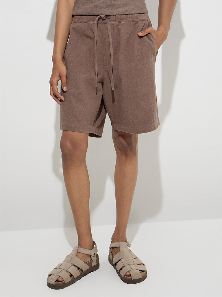 ETA Taupe Solid Relaxed-Fit Mid-Rise Cotton Shorts