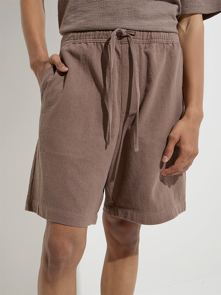 ETA Taupe Solid Relaxed-Fit Mid-Rise Cotton Shorts