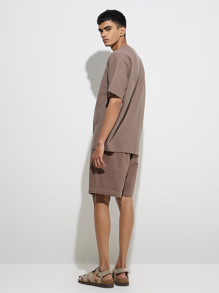 ETA Taupe Solid Relaxed-Fit Mid-Rise Cotton Shorts