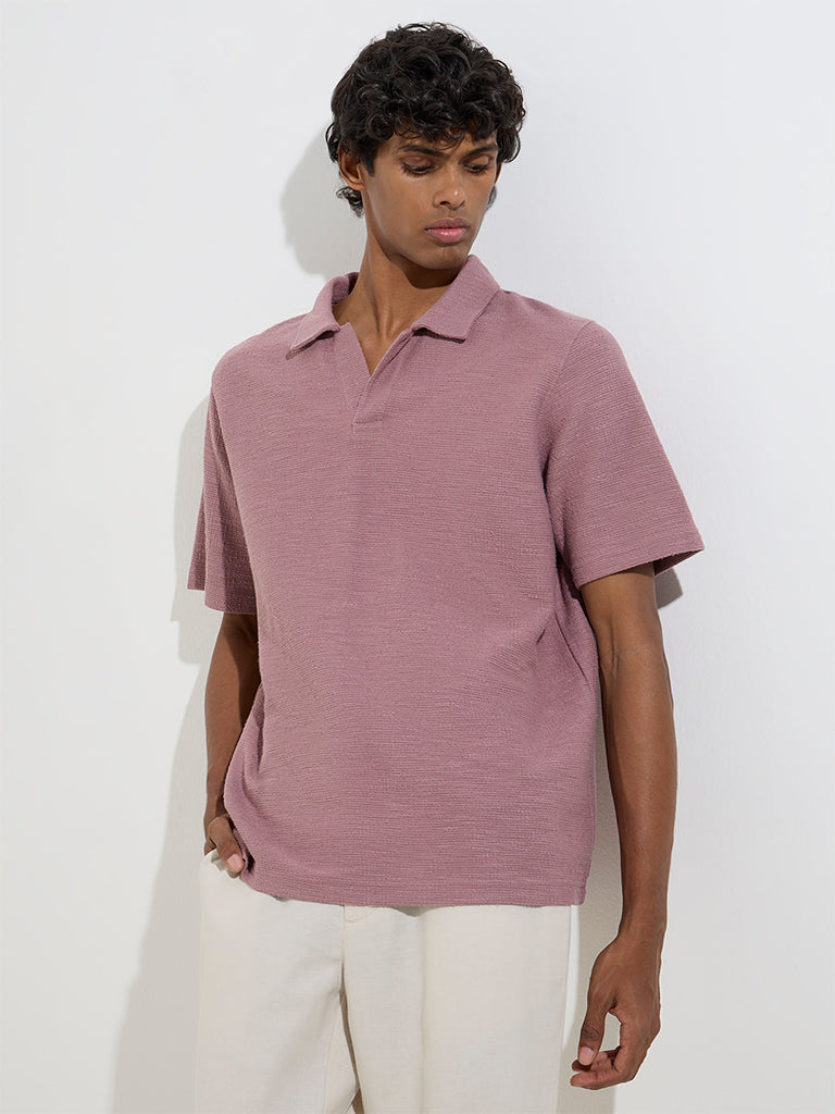ETA Dusty Pink Self-Textured Relaxed-Fit Polo T-Shirt