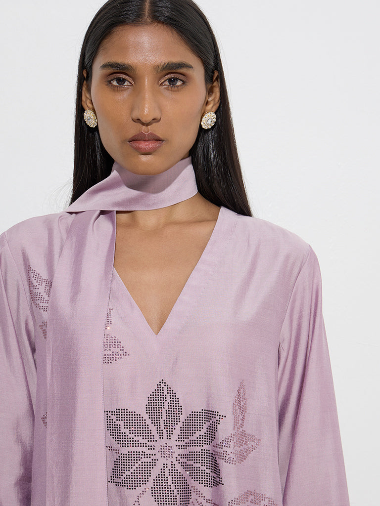Vark Lilac Embellished A-Line Kurti, Palazzos and Sash Set