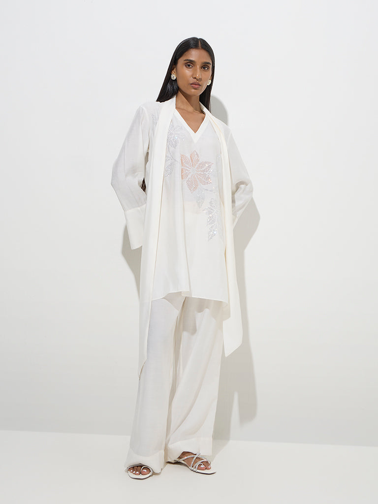 Vark White Embellished A-Line Kurti, Palazzos and Sash Set