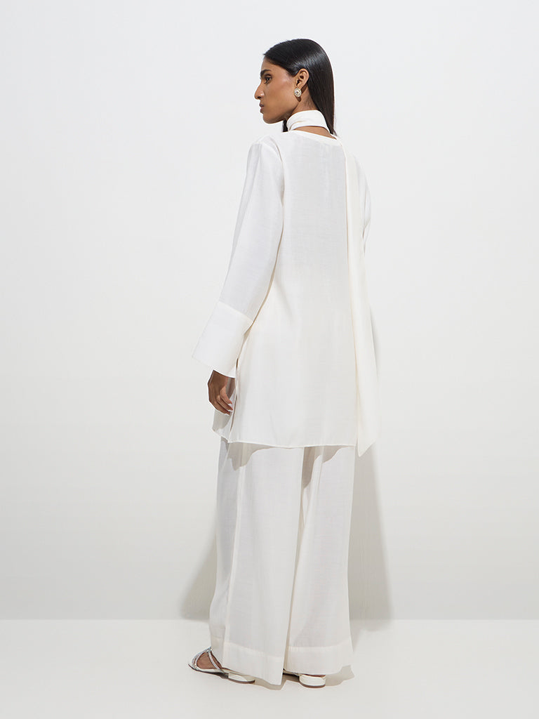 Vark White Embellished A-Line Kurti, Palazzos and Sash Set