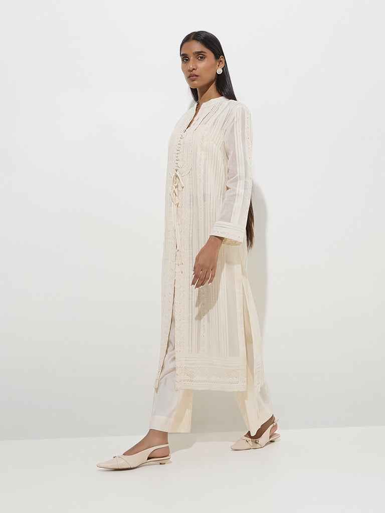 Vark Beige Floral Cotton-Blend Top, Jacket and Palazzos Set