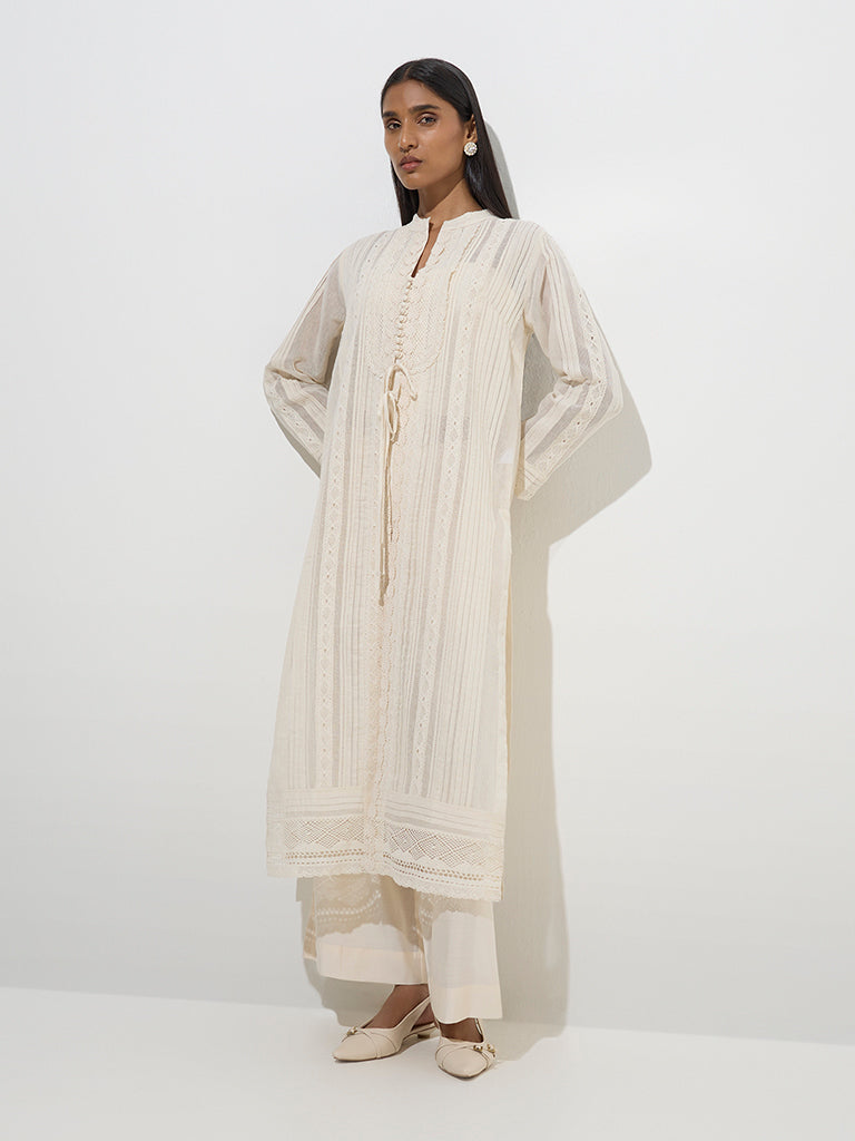 Vark Beige Floral Cotton-Blend Top, Jacket and Palazzos Set