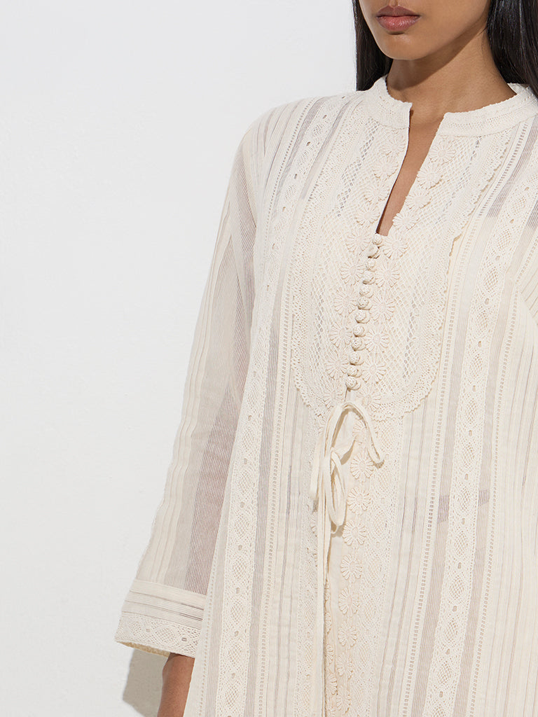 Vark Beige Floral Cotton-Blend Top, Jacket and Palazzos Set