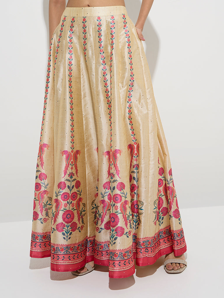 Vark Beige Floral Patterned Skirt