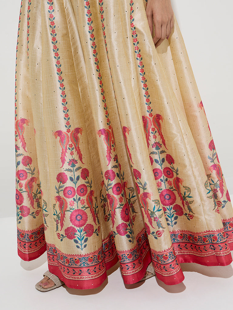 Vark Beige Floral Patterned Skirt