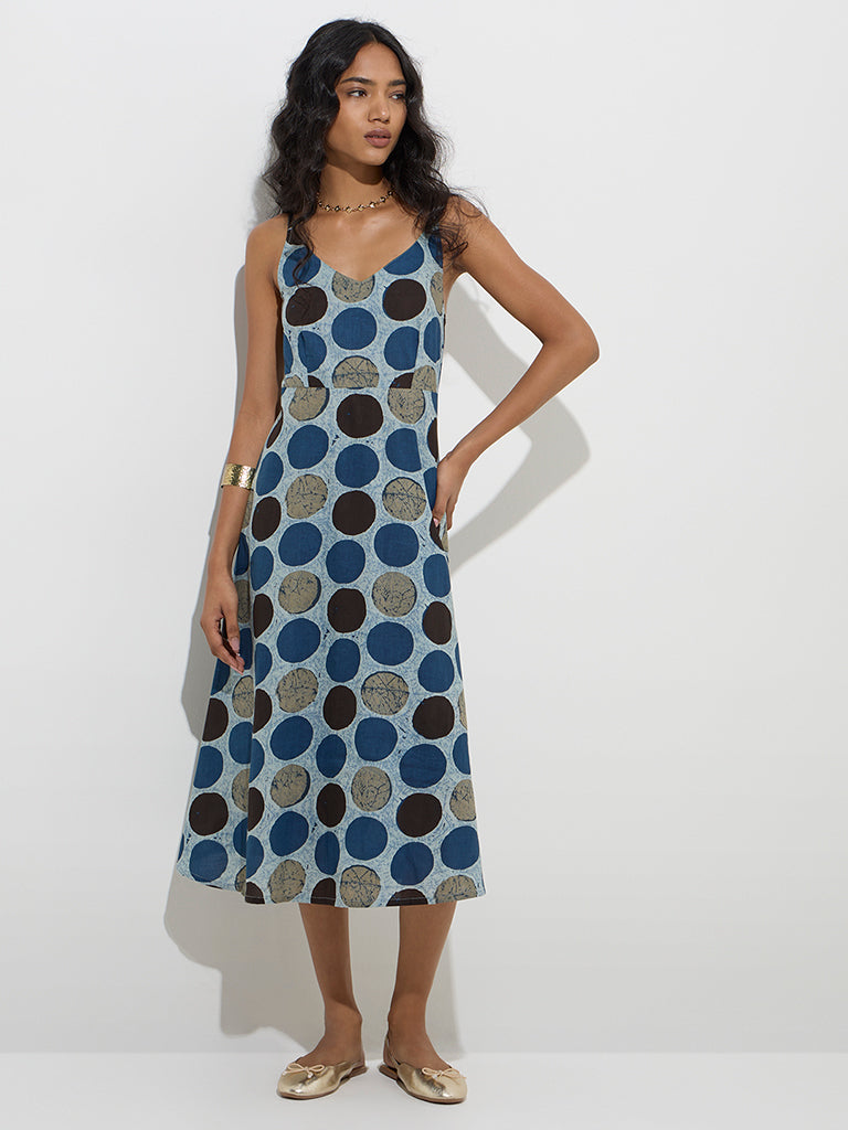 Utsa Blue Geometric Design Cotton A-Line Dress
