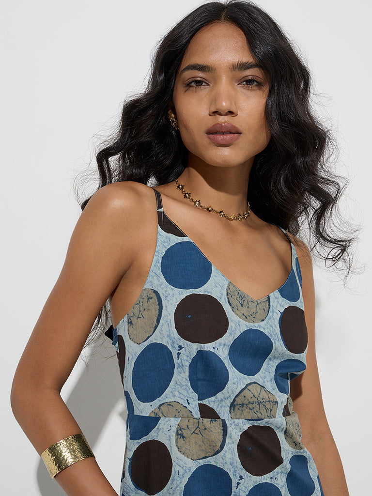 Utsa Blue Geometric Design Cotton A-Line Dress