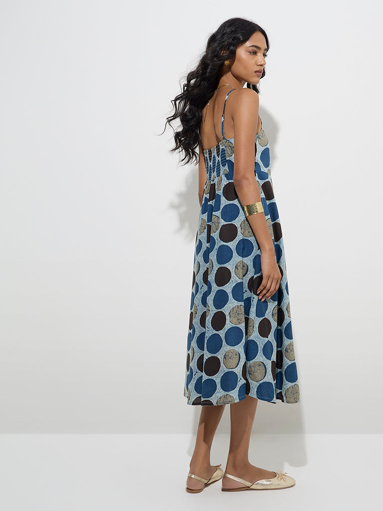 Utsa Blue Geometric Design Cotton A-Line Dress