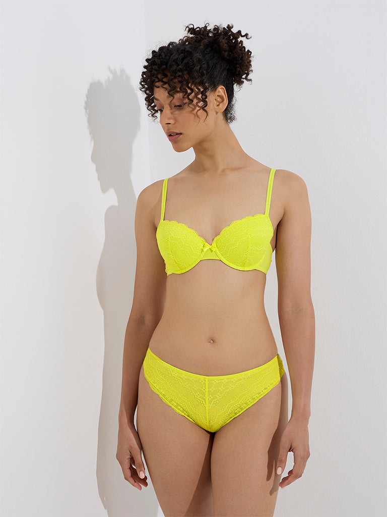 westisde Wunderlove Women's Lime Lace-Detailed Underwired Balconette Bra for Casual Wear Full Model View