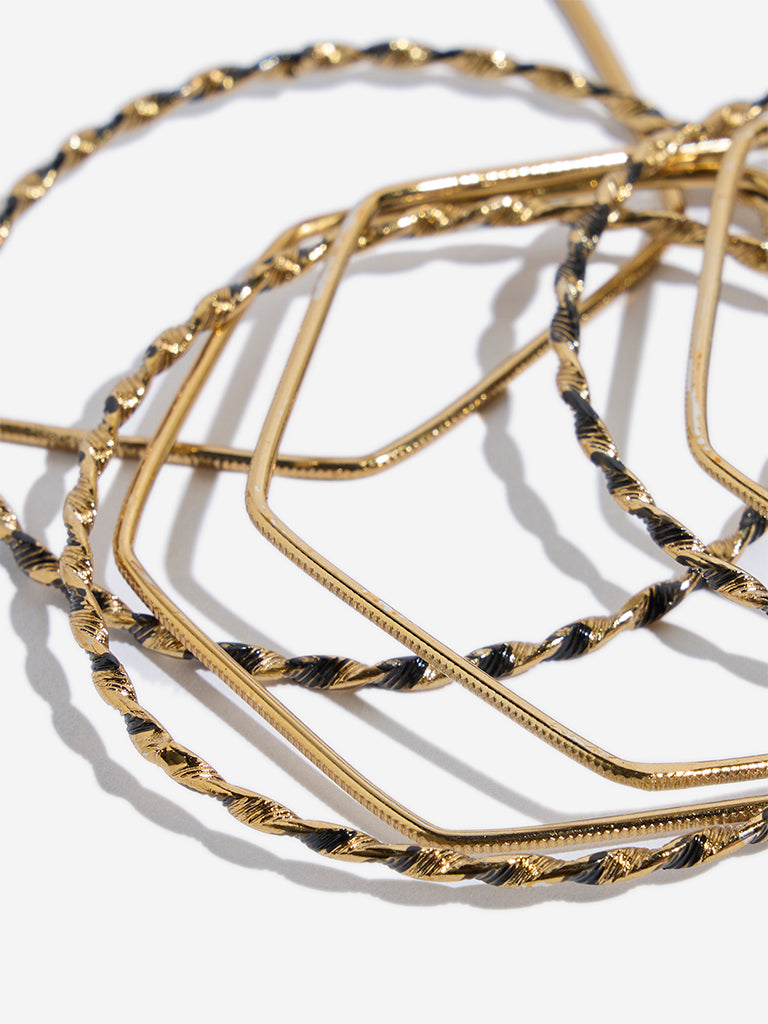 Westside Accessories Black & Gold Plated Hexagonal Twisted Bangle Set