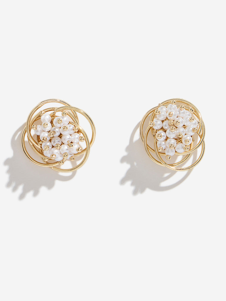 Westside Accessories Gold & White Pearl Cluster Stud Earrings