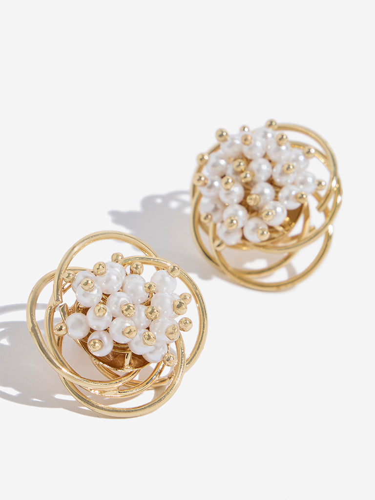 Westside Accessories Gold & White Pearl Cluster Stud Earrings