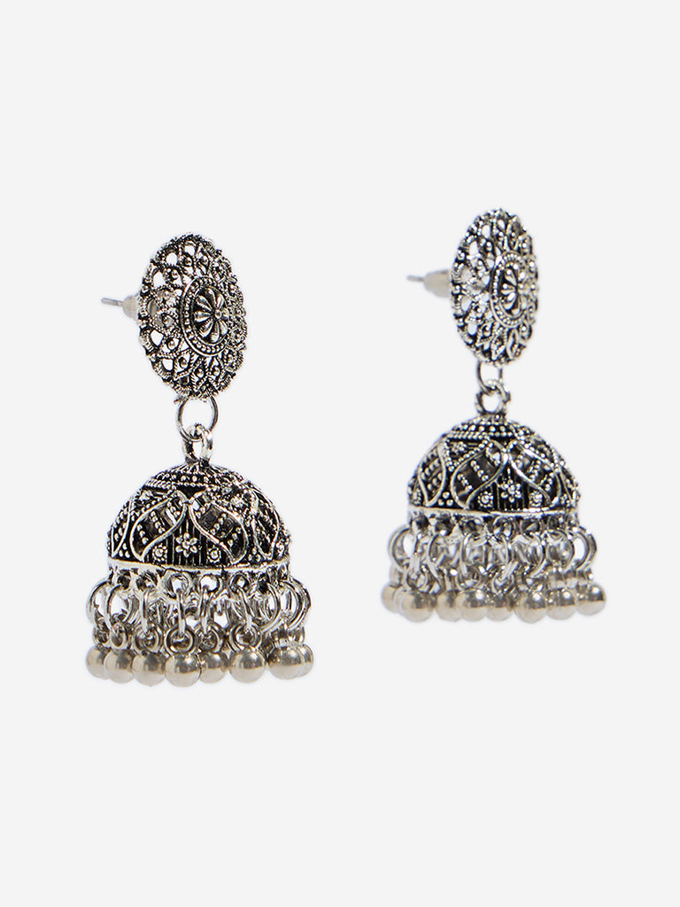 Westside Accessories Silver Oxidised Studded Jhumka Earrings