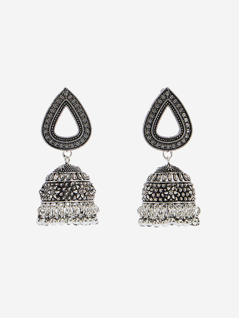 Westside Accessories Silver Oxidised Drop Stud Jhumka Earrings