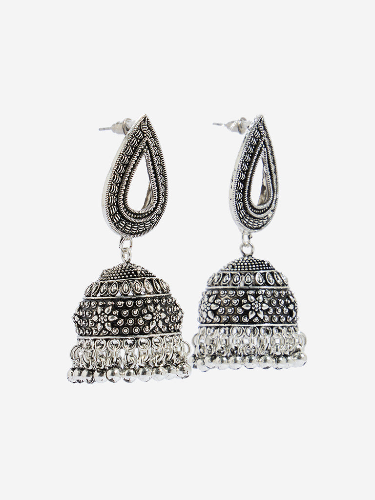Westside Accessories Silver Oxidised Drop Stud Jhumka Earrings