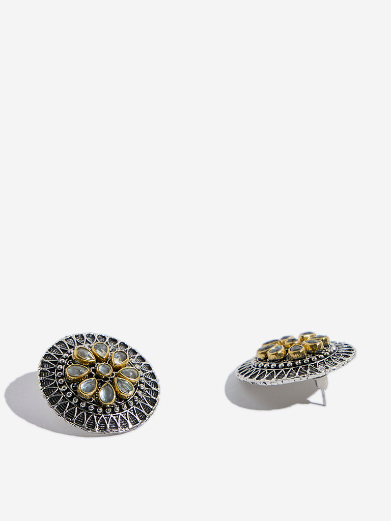 Westside Accessories Silver Dual Tone Flower Stud Earrings