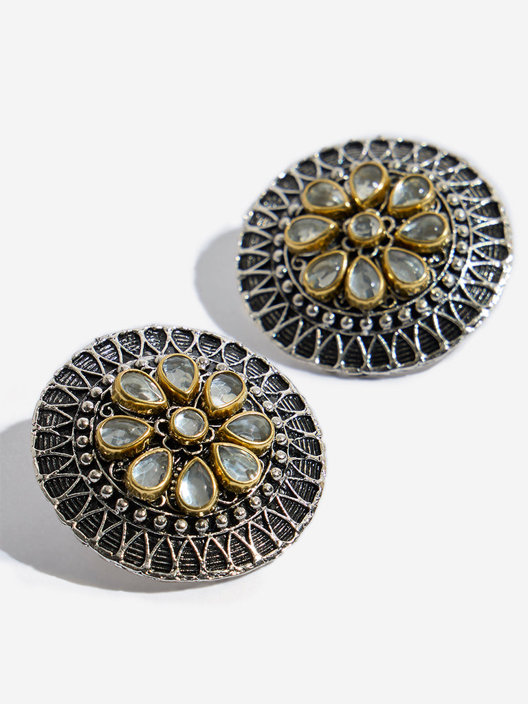 Westside Accessories Silver Dual Tone Flower Stud Earrings