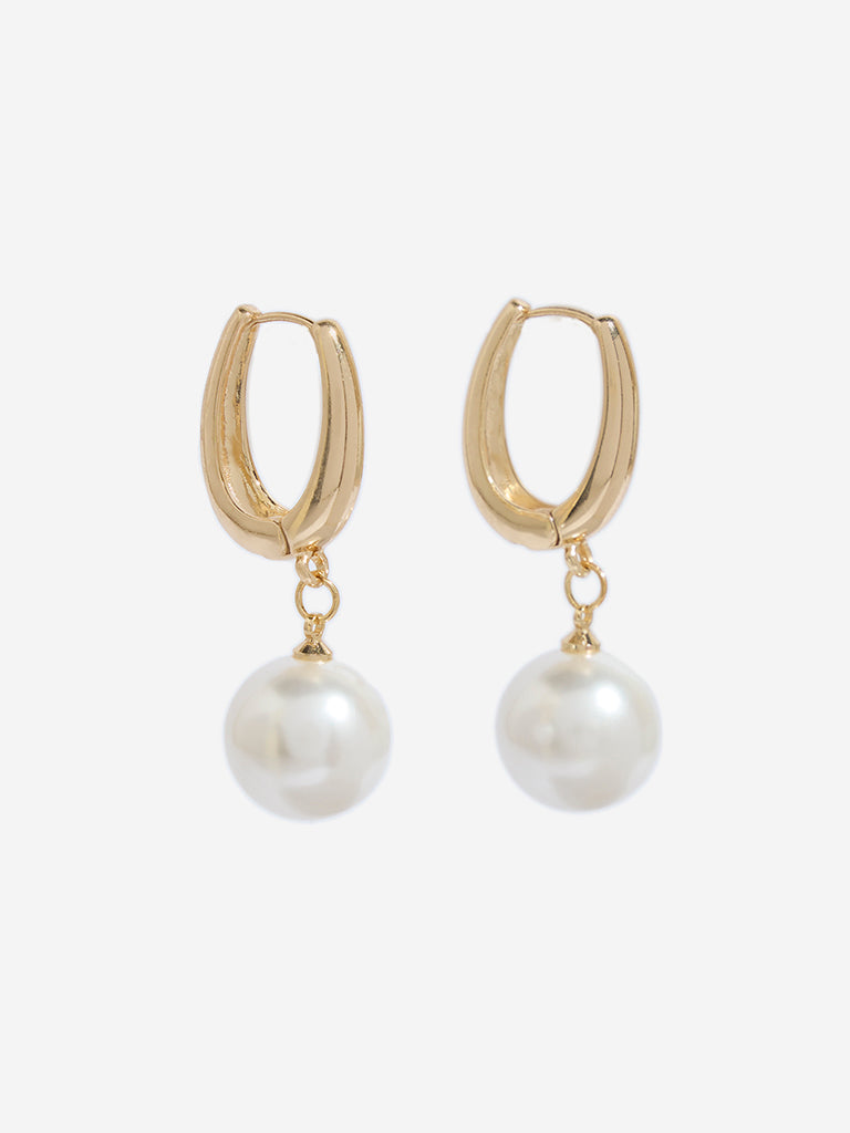 Westside Accessories Gold & White Pearl Drop Huggie Hoop Earrings