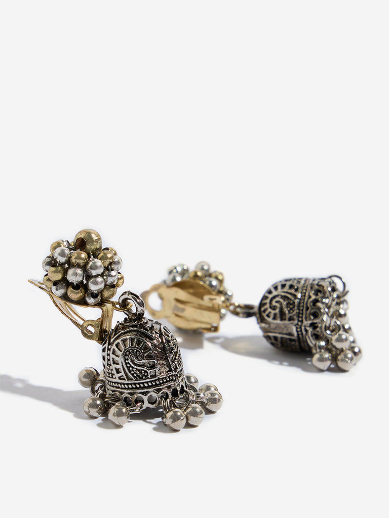 Westside Accessories Gold & Silver Oxidised Floral Stud Jhumka Earrings
