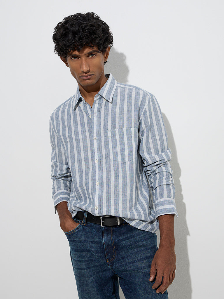 WES Casuals Dusty Blue Relaxed-Fit Cotton-Blend Shirt