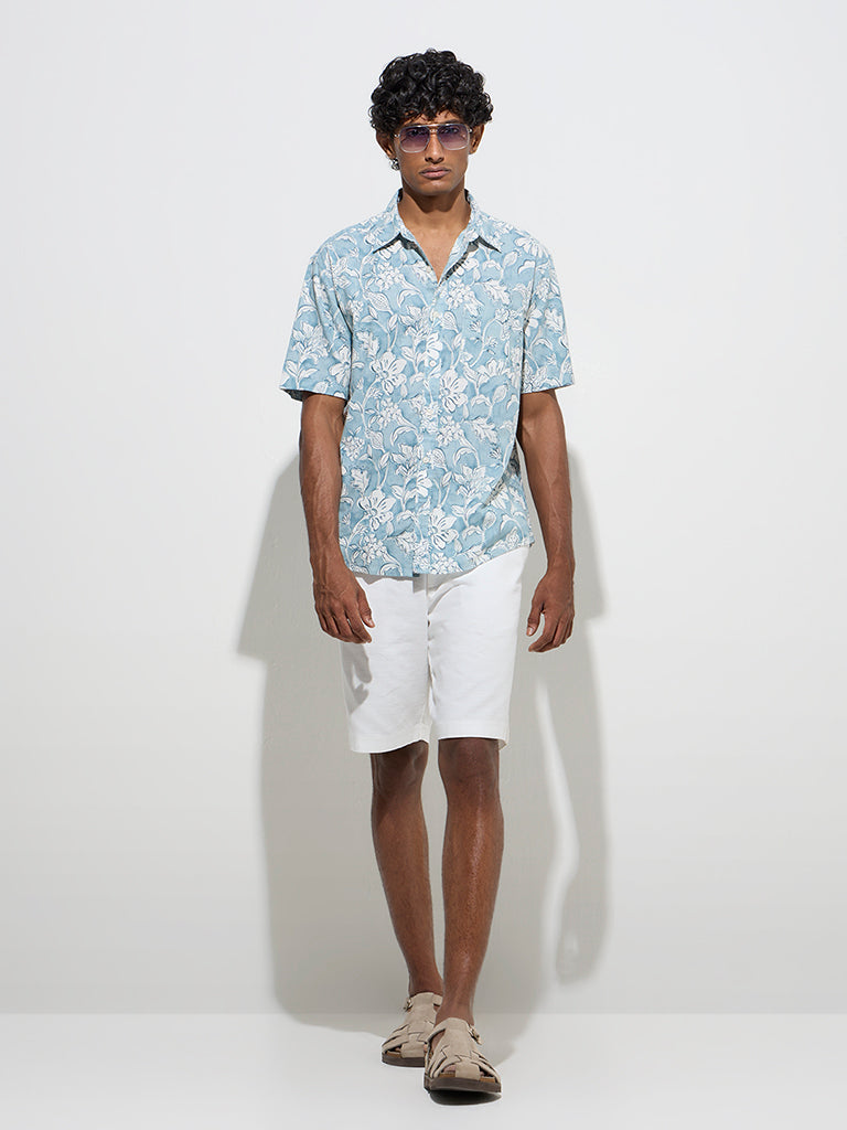 WES Casuals Teal Floral Pattern Relaxed-Fit Cotton Shirt