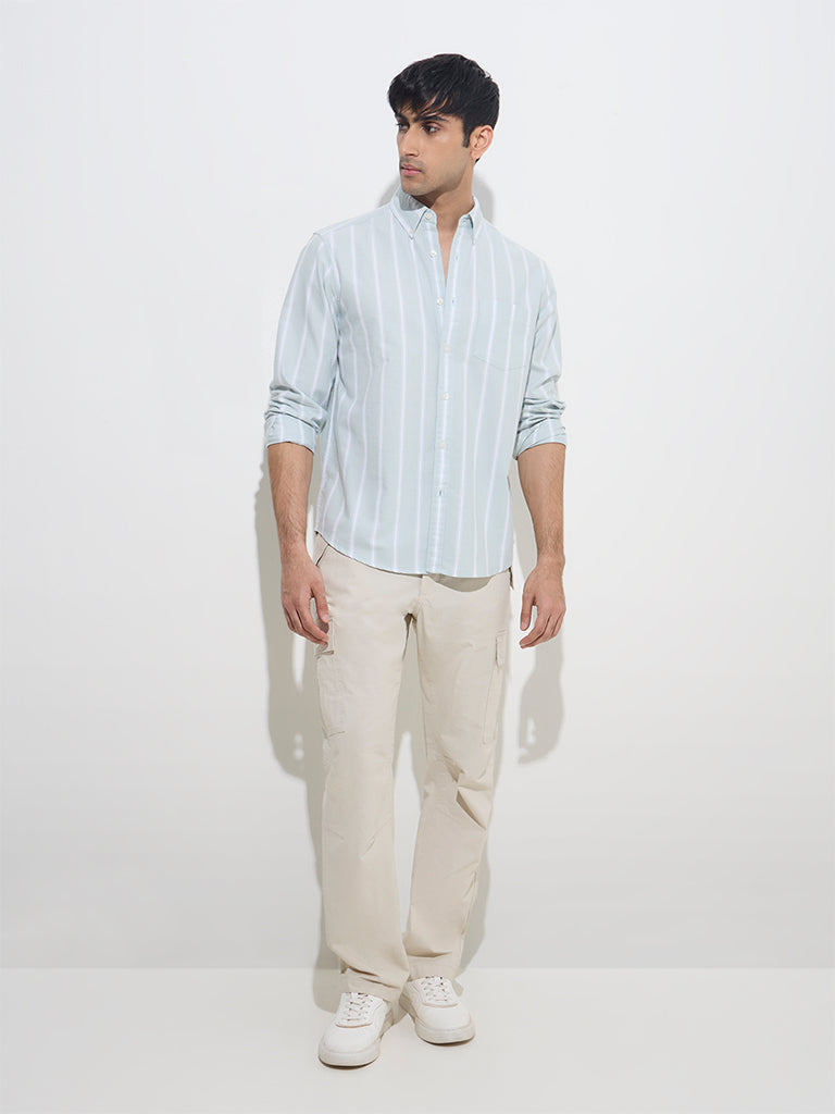 WES Casuals Sage Stripe Printed Relaxed-Fit Cotton Shirt
