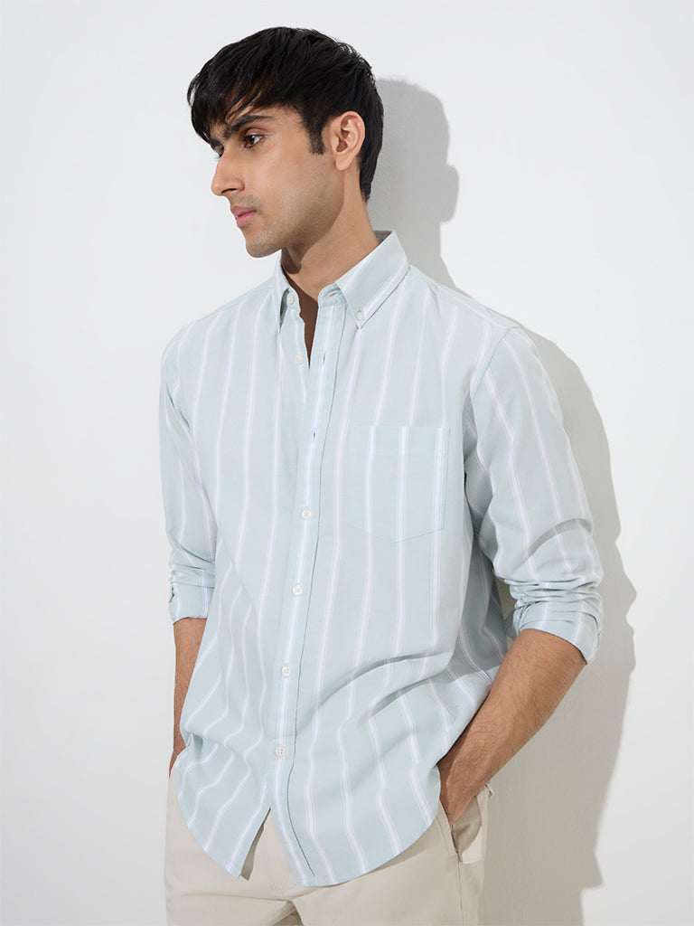 WES Casuals Sage Stripe Printed Relaxed-Fit Cotton Shirt