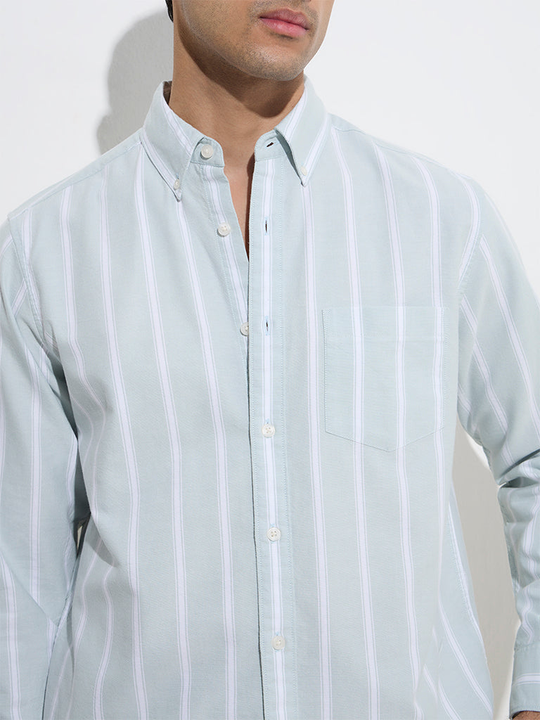 WES Casuals Sage Stripe Printed Relaxed-Fit Cotton Shirt