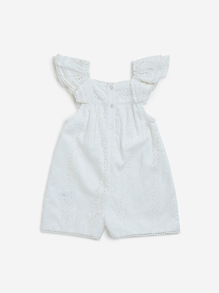 HOP Baby White Schiffli-Detailed Cotton Romper