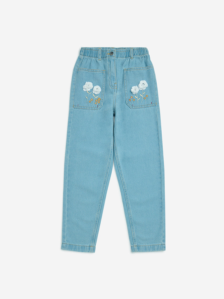 HOP Kids Light Blue Floral Design Relaxed - Fit High - Rise Jeans