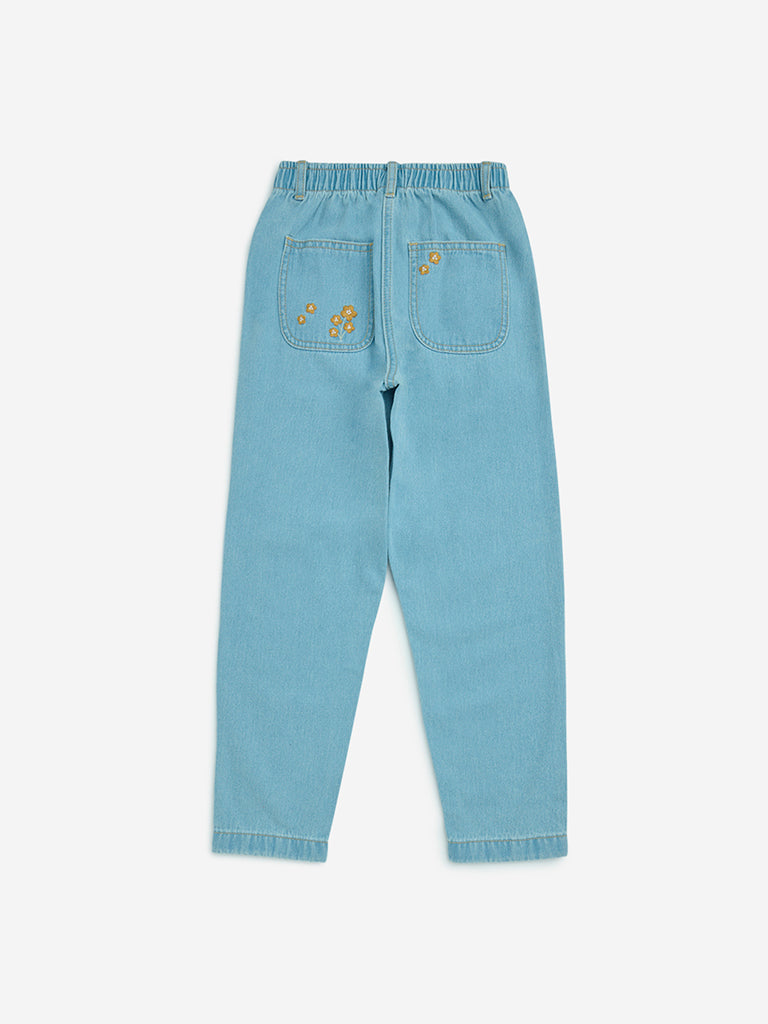 HOP Kids Light Blue Floral Design Relaxed - Fit High - Rise Jeans