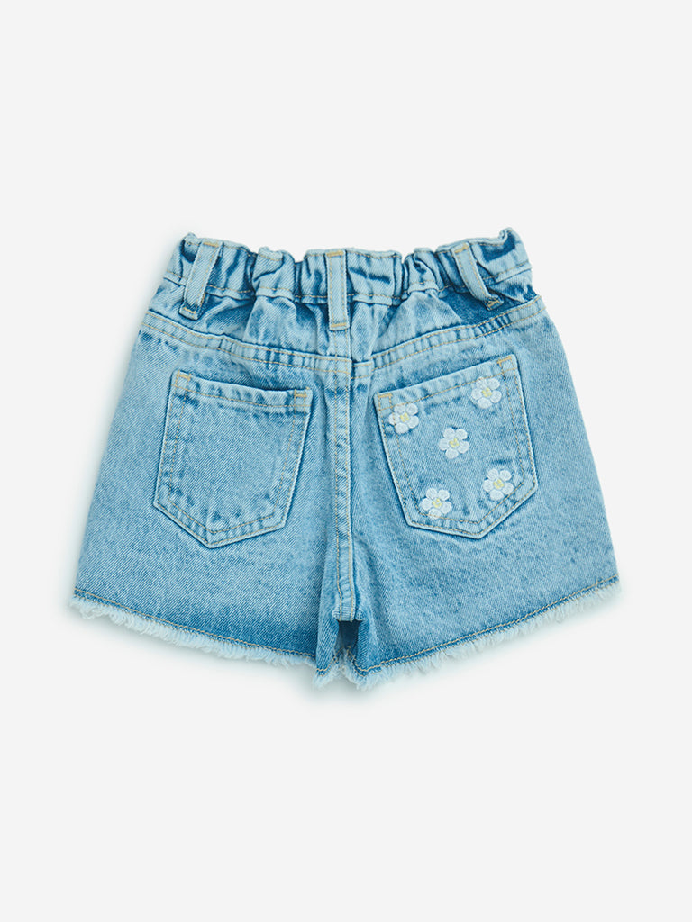 HOP Kids Blue Floral Design High-Rise Denim Shorts