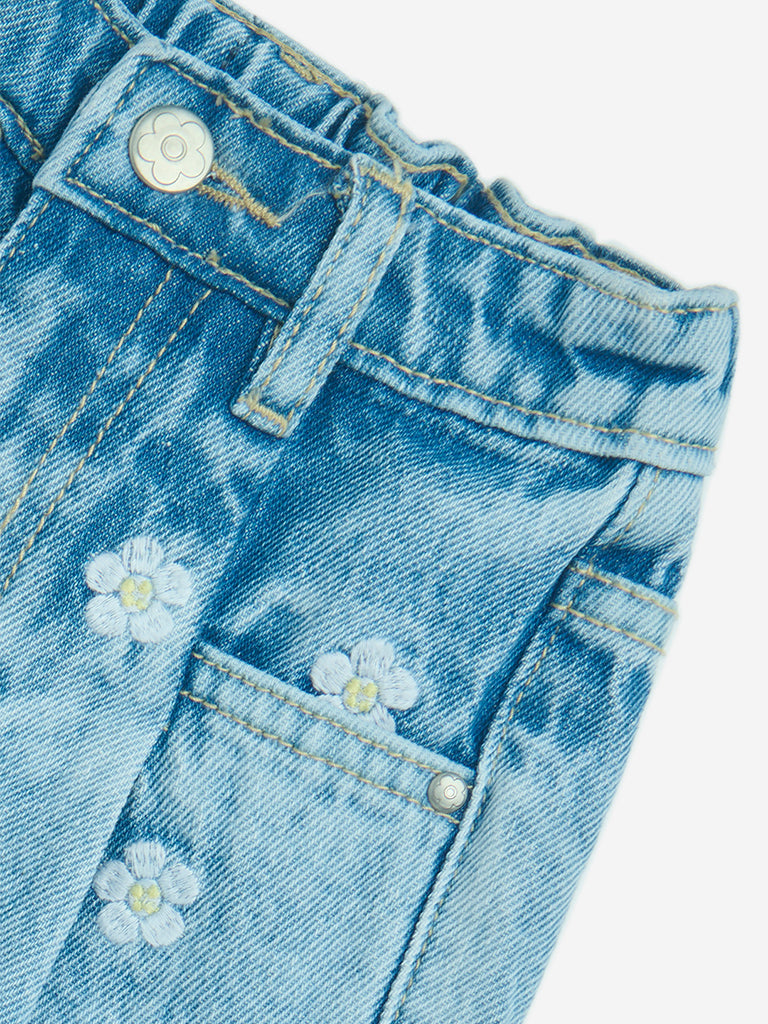 HOP Kids Blue Floral Design High-Rise Denim Shorts
